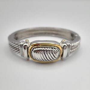 Vintage Two Tone Cable Hinged Bangle Bracelet Silver Gold Tone Chunky Cuff
